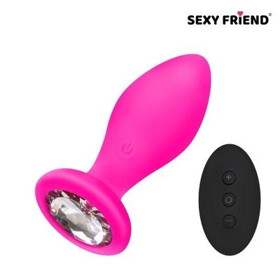 Силиконовая анальная пробка с вибрацией и пультом ДУ Sexy Friend розовая с прозрачным кристаллом - 8,5 см