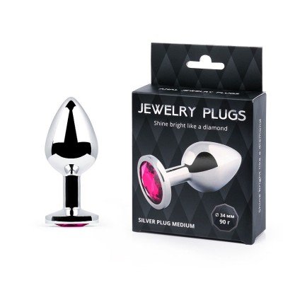Средняя металлическая анальная пробка Jewelry Plug серебристая с малиновым кристаллом - 8 см