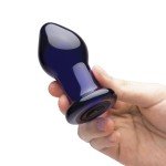 Анальная стеклянная пробка с выделенной головкой Glas с перезаряжаемой съемной вибропулей и пультом ДУ - синяя - 10 см