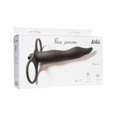 Вибро-насадка для двойного проникновения Pure Passion Flirtini с кольцом на мошонку - чёрная - 16 см