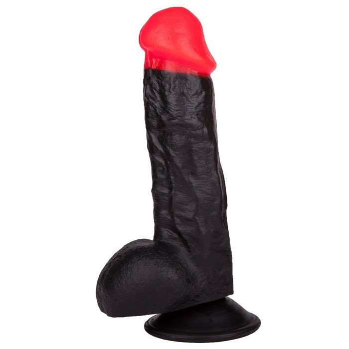 Фаллоимитатор-реалистик с красной головкой, с присоской и мошонкой LoveToy - черный - 19 см