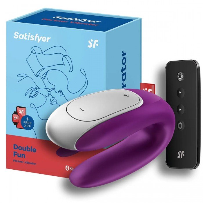 Вибратор для пар Satisfyer Double Fun с 2-мя моторами и управлением через пульт и приложение (смартфон) - фиолетовый