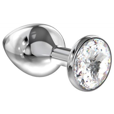 Средняя анальная серебристая металлическая пробка Diamond Clear Sparkle Large с прозрачным кристаллом - 8 см