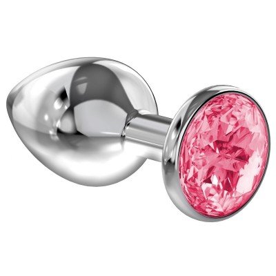 Средняя анальная серебристая металлическая пробка Diamond Pink Sparkle Large с розовым кристаллом - 8 см