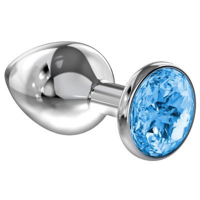 Средняя анальная серебристая металлическая пробка Diamond Light blue Sparkle Large с голубым кристаллом - 8 см