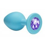 Малая анальная силиконовая пробка Emotions Cutie Small голубая с фиолетовым кристаллом - 7 см