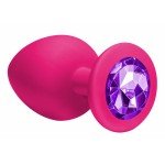 Большая розовая анальная силиконовая пробка Emotions Cutie Large Pink dark purple crystal с фиолетовым кристаллом - 10 см