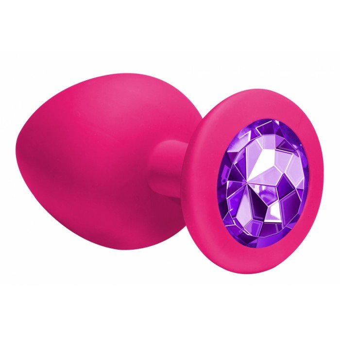 Большая розовая анальная силиконовая пробка Emotions Cutie Large Pink dark purple crystal с фиолетовым кристаллом - 10 см