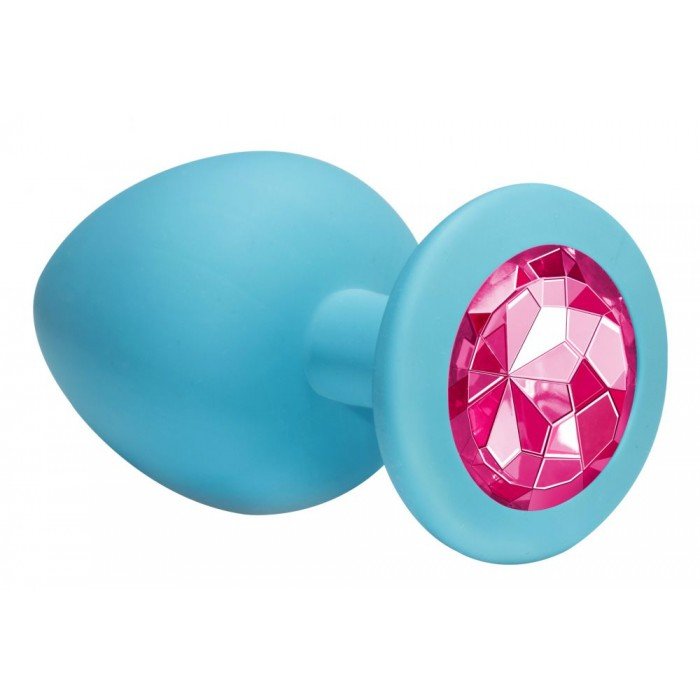 Большая голубая анальная силиконовая пробка Emotions Cutie Large Turquoise pink crystal с розовым кристаллом - 10 см