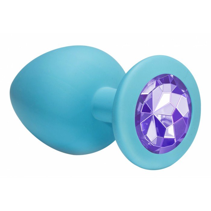 Большая голубая анальная силиконовая пробка Emotions Cutie Large Turquoise light purple crystal с фиолетовым кристаллом - 10 см