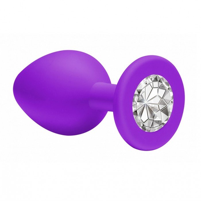 Большая фиолетовая анальная силиконовая пробка Emotions Cutie Large Purple clear crystal с прозрачным кристаллом - 10 см