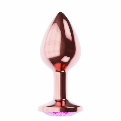 Средняя анальная металлическая пробка цвета розового золота Diamond Quartz Shine L с лиловым кристаллом - 8,3 см