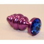 Анальная фигурная пурпурная металлическая пробка 4sexdreaM с синим кристаллом - 7,3 см