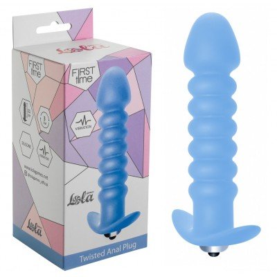 Силиконовая анальная ребристая пробка с вибрацией Twisted Anal Plug - голубая - 13 см