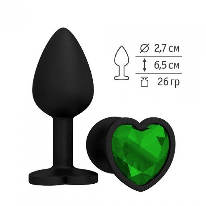 Анальная чёрная силиконовая пробка Джага Small с зелёным кристаллом - 7,3 см