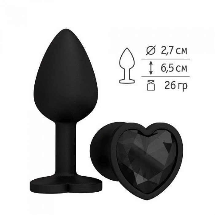 Анальная чёрная силиконовая пробка Джага Small с чёрным кристаллом - 7,3 см