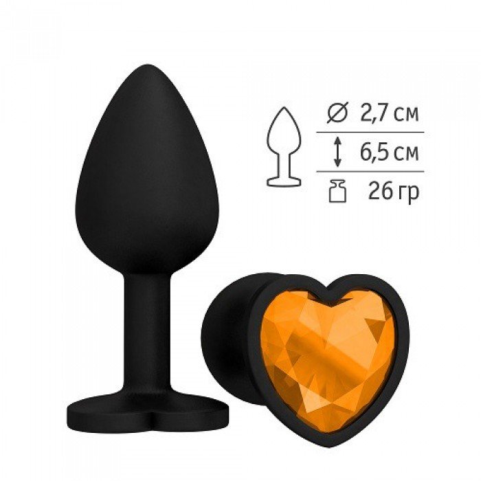 Анальная чёрная силиконовая пробка Джага Small с оранжевым кристаллом - 7,3 см