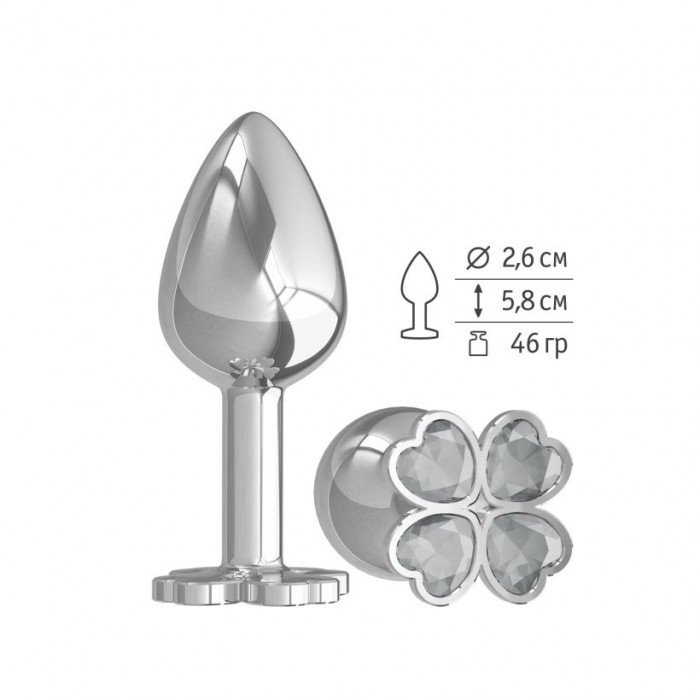 Анальная втулка Silver Small Клевер с прозрачным кристаллом - 7 cм
