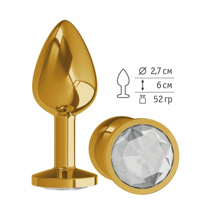 Золотистая металлическая пробка Gold Small с прозрачным кристаллом - 7 см