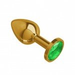 Золотистая металлическая пробка Gold Small с зелёным кристаллом - 7 см