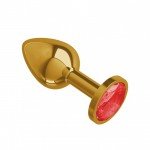 Золотистая металлическая пробка Gold Small с красным кристаллом - 7 см