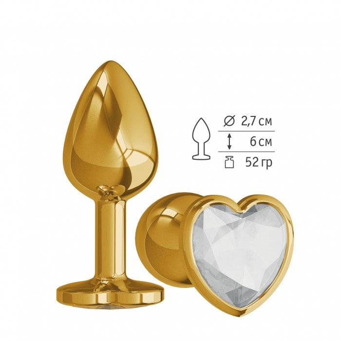 Малая анальная металлическая пробка Gold Small золотистая с прозрачным кристаллом сердцем - 7 см