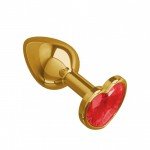 Малая анальная металлическая пробка Gold Small золотистая с красным кристаллом сердцем - 7 см