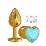 Анальная металлическая пробка Gold Small с голубым кристаллом сердцем - 7 см