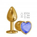 Анальная металлическая пробка Gold Small с синим кристаллом сердцем - 7 см