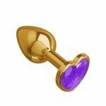 Малая анальная металлическая пробка Gold Small золотистая с фиолетовым кристаллом сердцем - 7 см