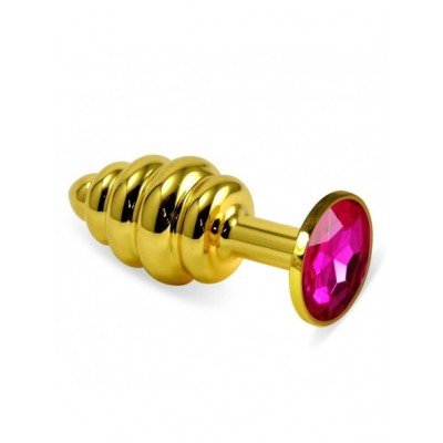 Малая анальная металлическая золотистая пробка Gold Spiral Small с рёбрышками и малиновым кристаллом - 7 см