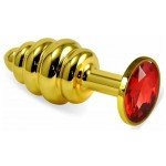 Малая анальная металлическая золотистая пробка Gold Spiral Small с рёбрышками и красным кристаллом - 7 см