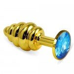 Малая анальная металлическая золотистая пробка Gold Spiral Small с рёбрышками и голубым кристаллом - 7 см