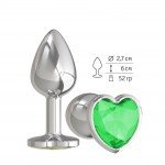 Малая металлическая анальная втулка Silver Small серебристая с зеленым кристаллом-сердцем - 7 см