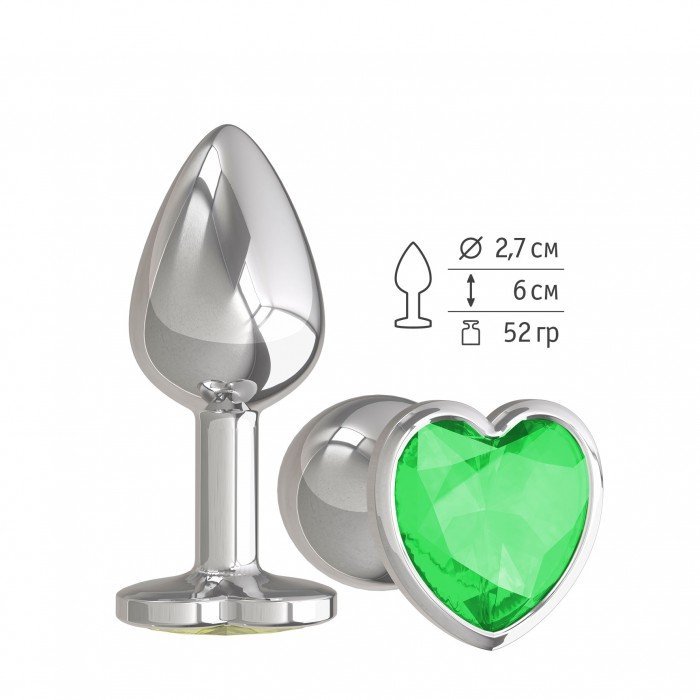 Малая металлическая анальная втулка Silver Small серебристая с зеленым кристаллом-сердцем - 7 см