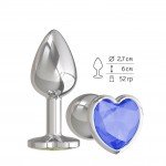 Малая металлическая анальная пробка Silver Small Серебристая с синим кристаллом-сердцем - 7 см