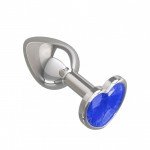 Малая металлическая анальная пробка Silver Small Серебристая с синим кристаллом-сердцем - 7 см