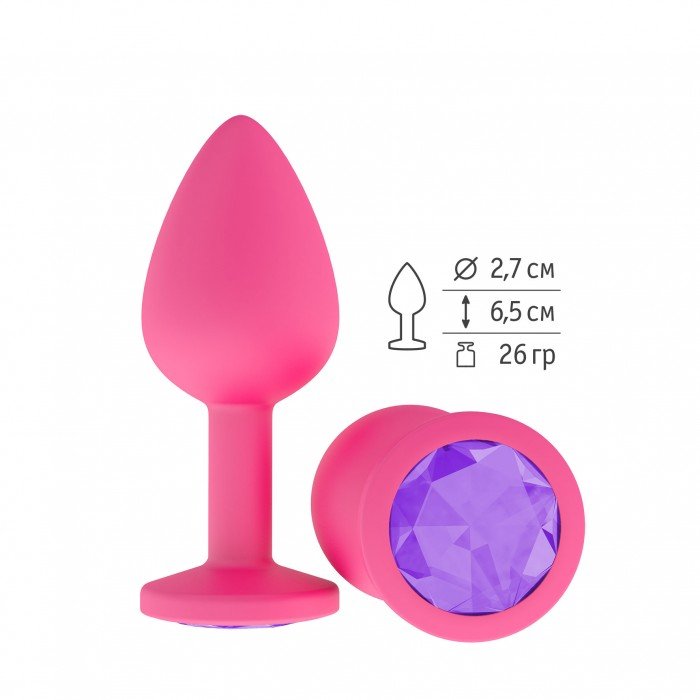 Малая анальная силиконовая пробка Джага Small розовая с фиолетовым кристаллом - 7,3 см