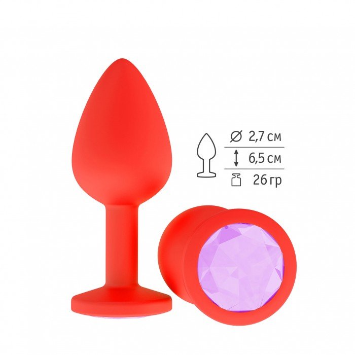 Малая анальная силиконовая пробка Джага Small красная с сиреневым кристаллом - 7 см