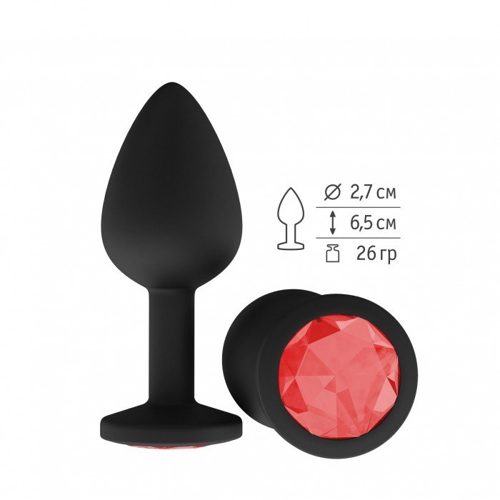 Анальная силиконовая пробка Джага Small чёрная с красным кристаллом - 7,3 см