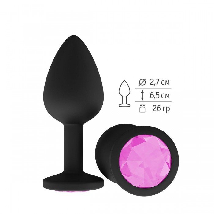Анальная силиконовая пробка Джага Small чёрная с розоввым кристаллом - 7,3 см