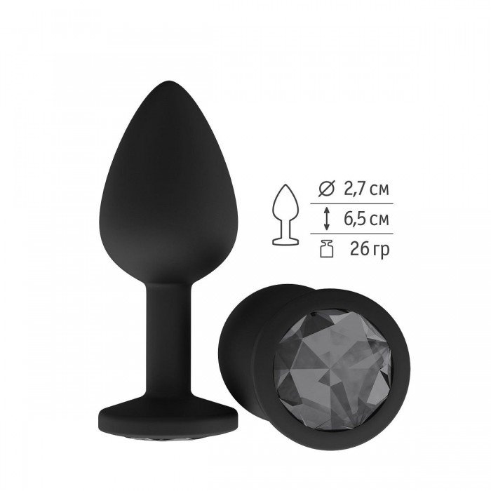 Анальная силиконовая пробка Джага Small чёрная с чёрным кристаллом - 7,3 см