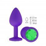 Малая анальная силиконовая пробка Джага Small фиолетовая с зеленым кристаллом - 7,3 см