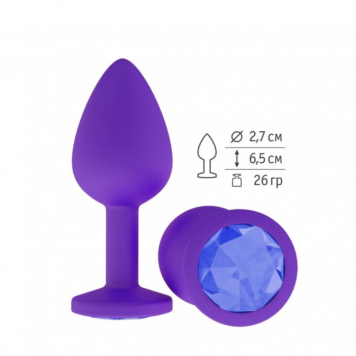 Малая анальная силиконовая пробка Джага Small фиолетовая с синим кристаллом - 7,3 см