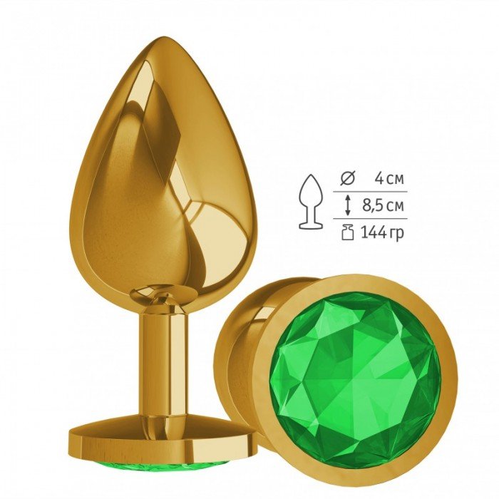 Большая анальная металлическая пробка Gold Large золотистая с зелёным кристаллом - 9,5 см