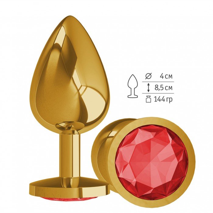 Большая анальная металлическая пробка Gold Large золотистая с красным кристаллом - 9,5 см