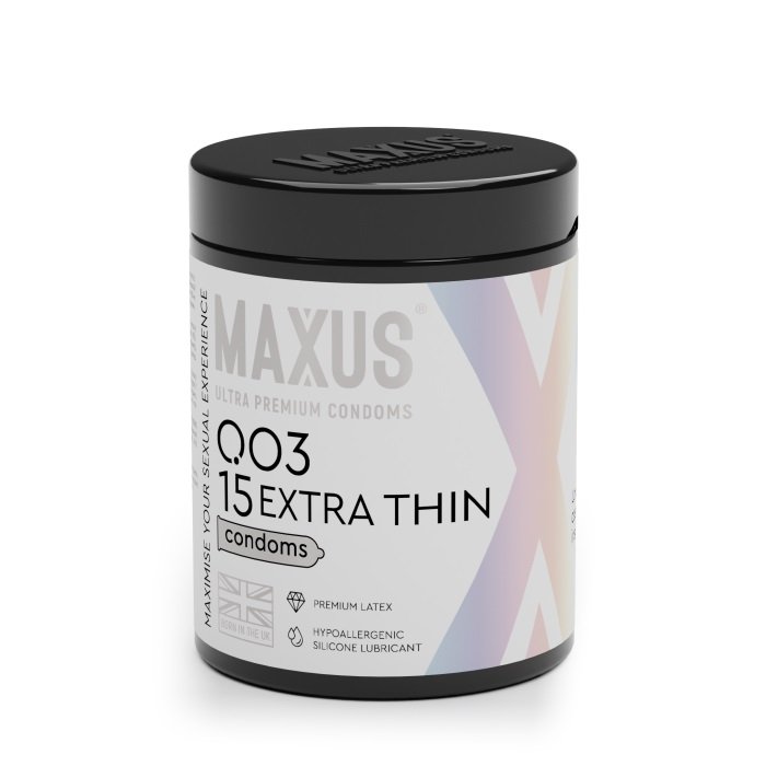 Латексные экстремально тонкие презервативы 0,03 мм в банке + кейс MAXUS 003 Extra Thin - 15 шт Латексные экстремально тонкие презервативы 0,03 мм в банке + кейс MAXUS 003 Extra Thin - 15 шт