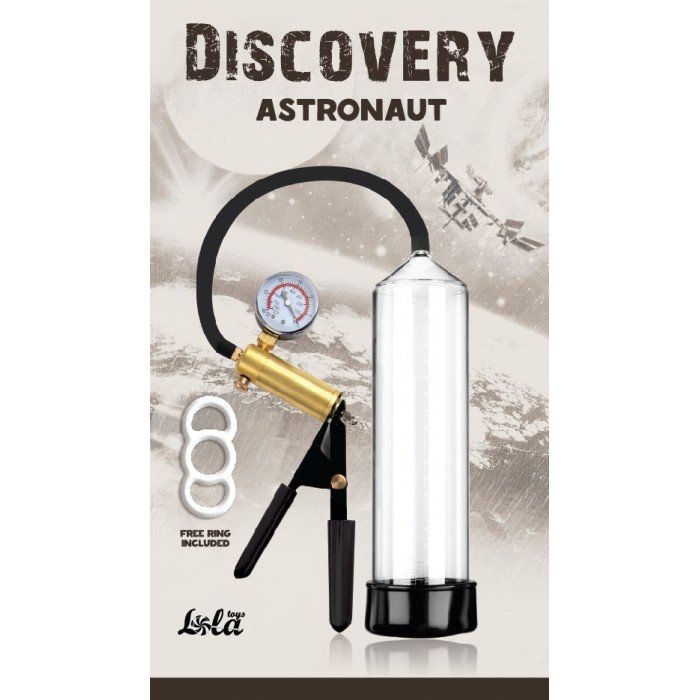 Вакуумная мужская помпа с манометром Discovery Astronaut - прозрачная - 24,5 см