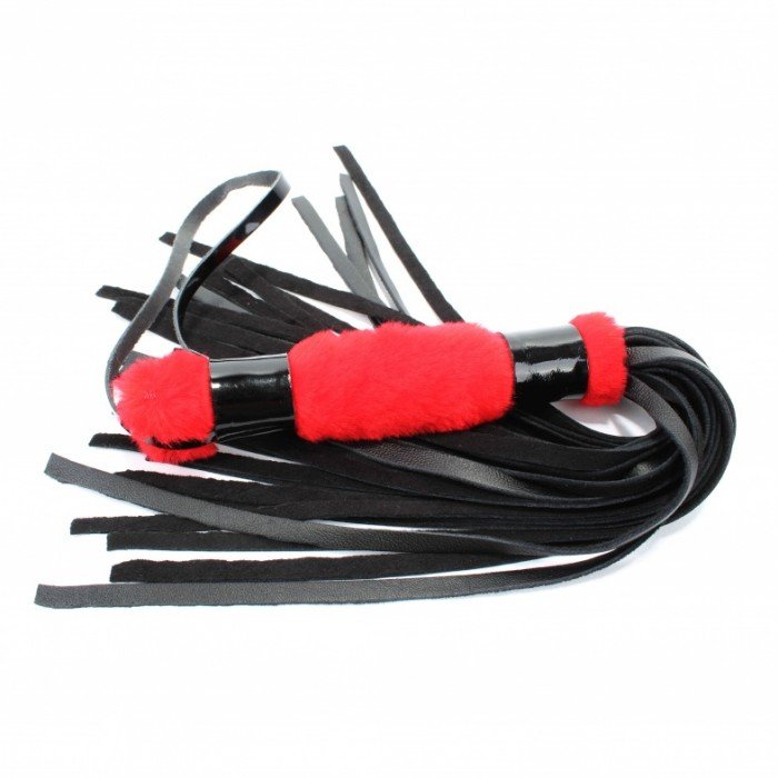 Многохвостовая плеть с ручкой обтянутой мехом BDSM Light - красная - 43 см