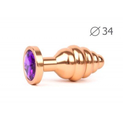 Анальная фигурная золотистая металлическая пробка Anal Jewelry Plug с фиолетовым кристаллом - 8 см